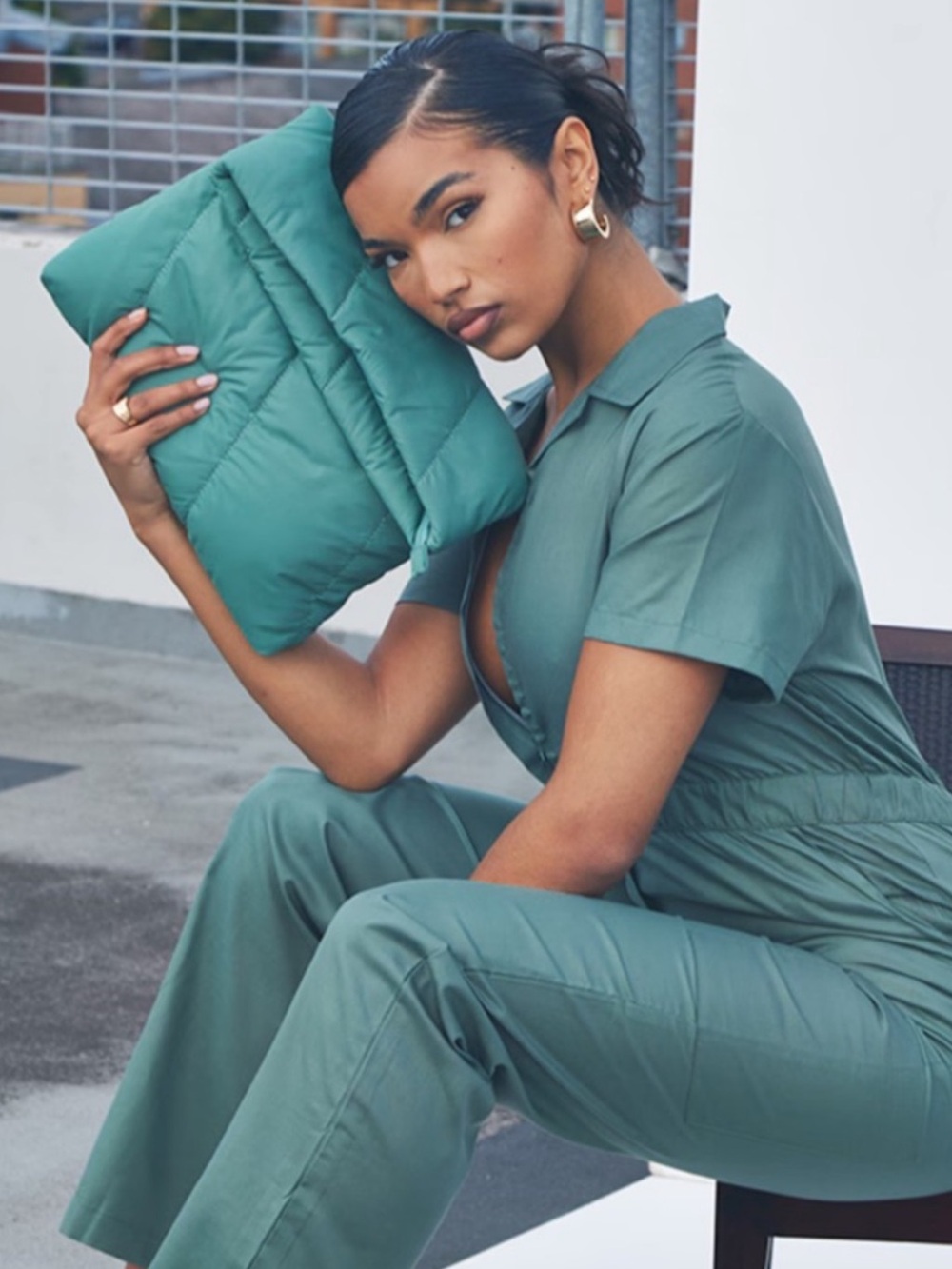 Sage Nylon Slouchy Padded Clutch Bag